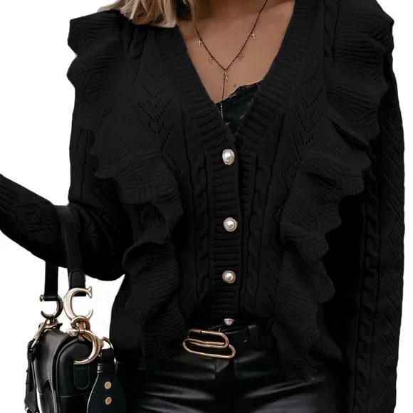 Black Ruffled Buttoned Open Front Knitted Sweater - Picture 2 of 16